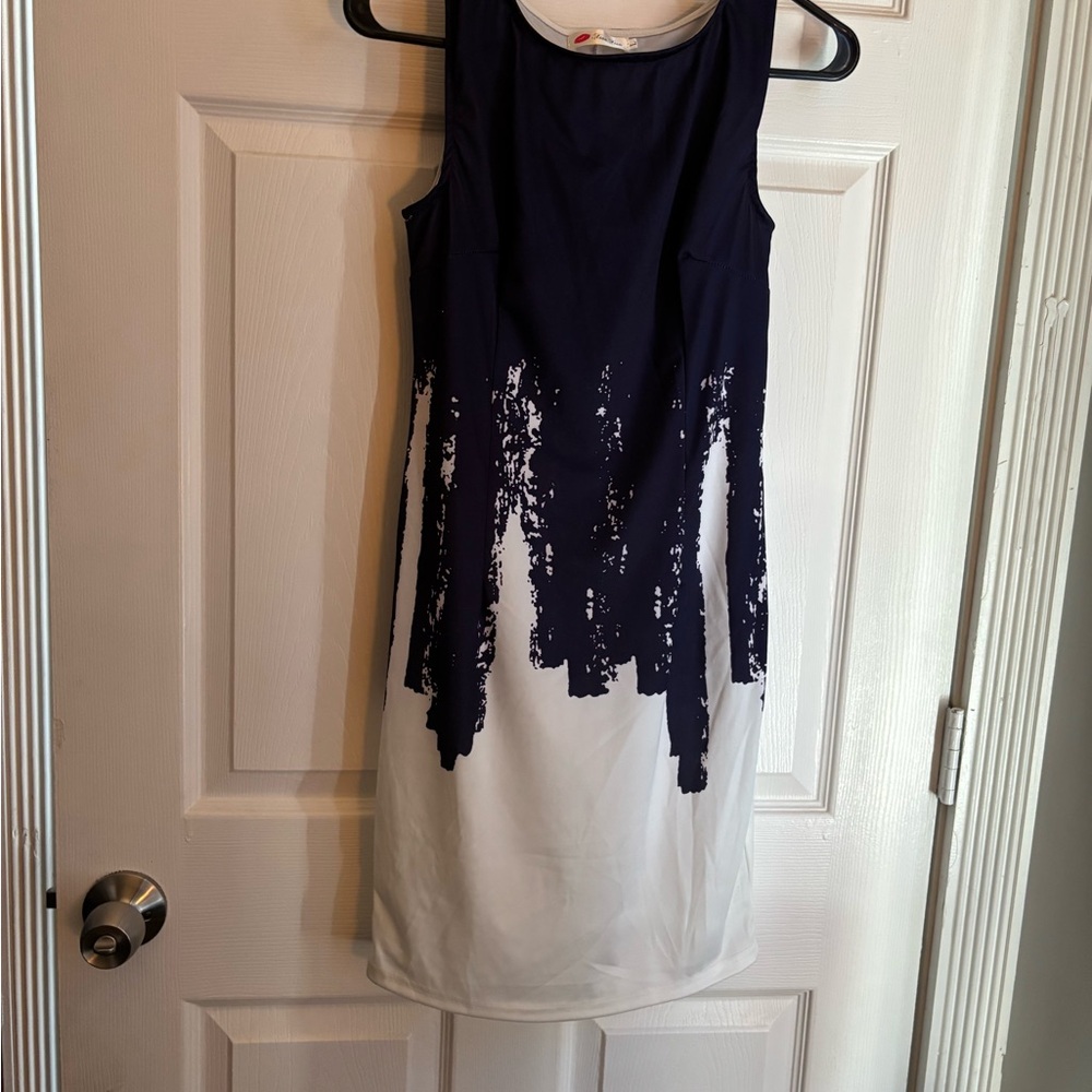 Blue and White Sheath Mini Dress with Scoop Neck